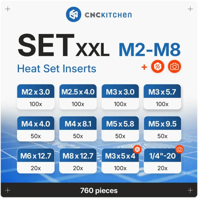 CNCKitchen Threaded Insert Set XXL M2-M8 + 1.4" og Voron , 760 stk 